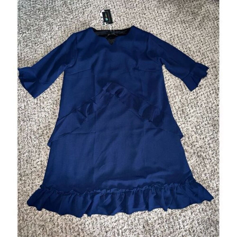 NWT Women’s Cherfly Navy Blue Swing Dress ruffles‎ short sleeves size medium